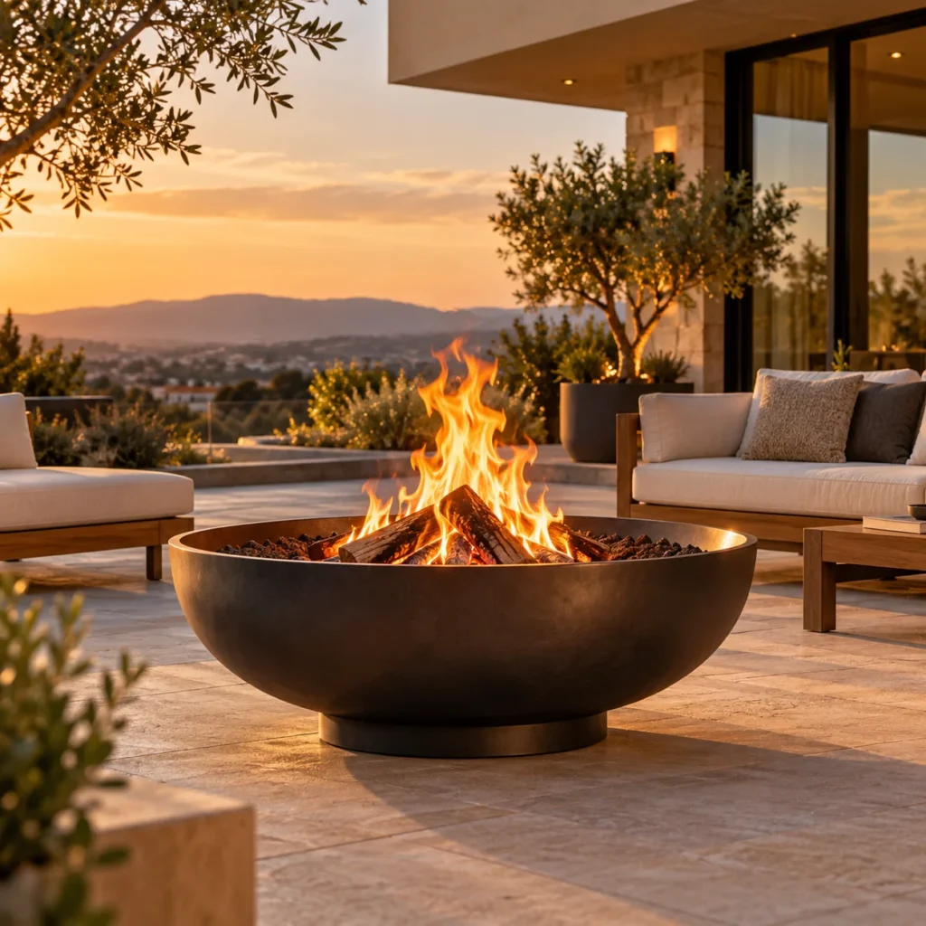 Brasero extérieur avec feu de bois installé sur une terrasse