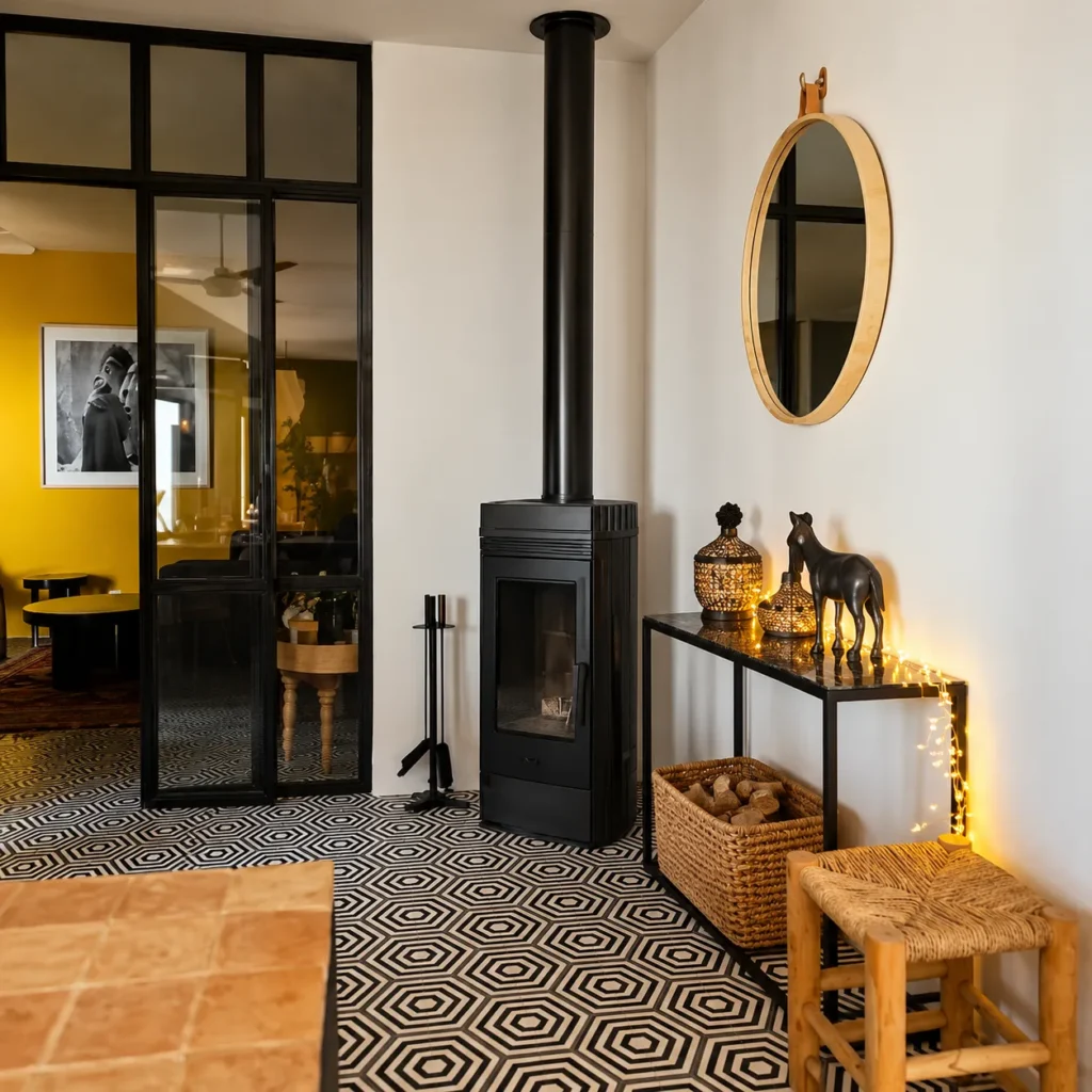 Poêle à bois installé dans un intérieur contemporain
